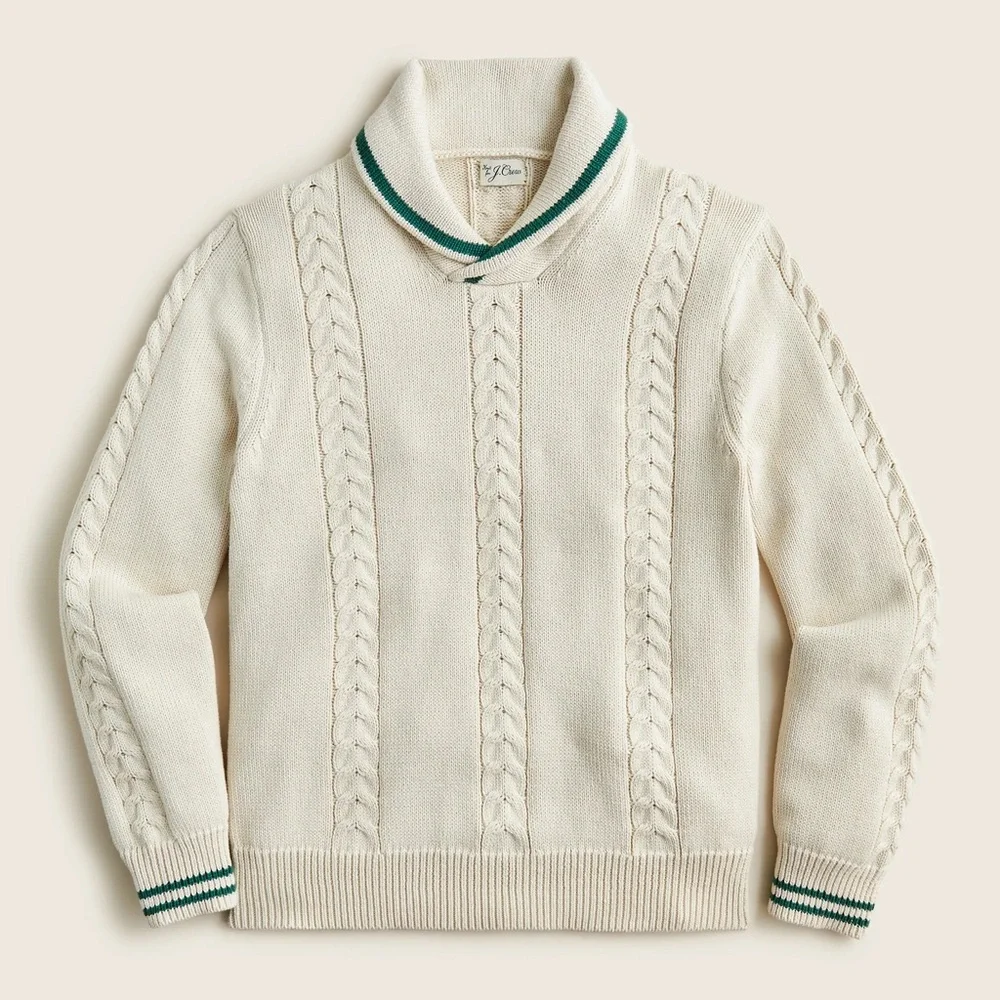 J‎ Crew long sleeve Cotton cable-knit tipped shawl-collar sweater in ivory